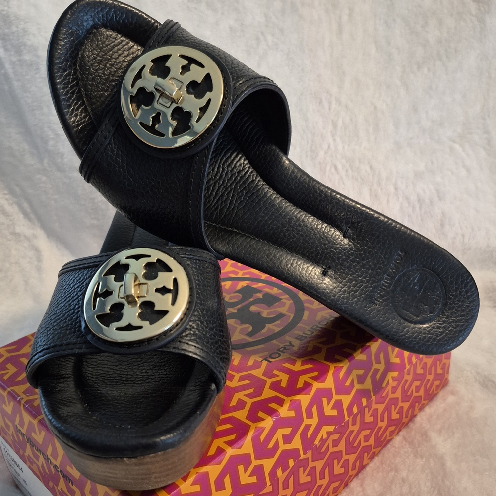 Tory Burch Black Slide Sandals with Gold Logo